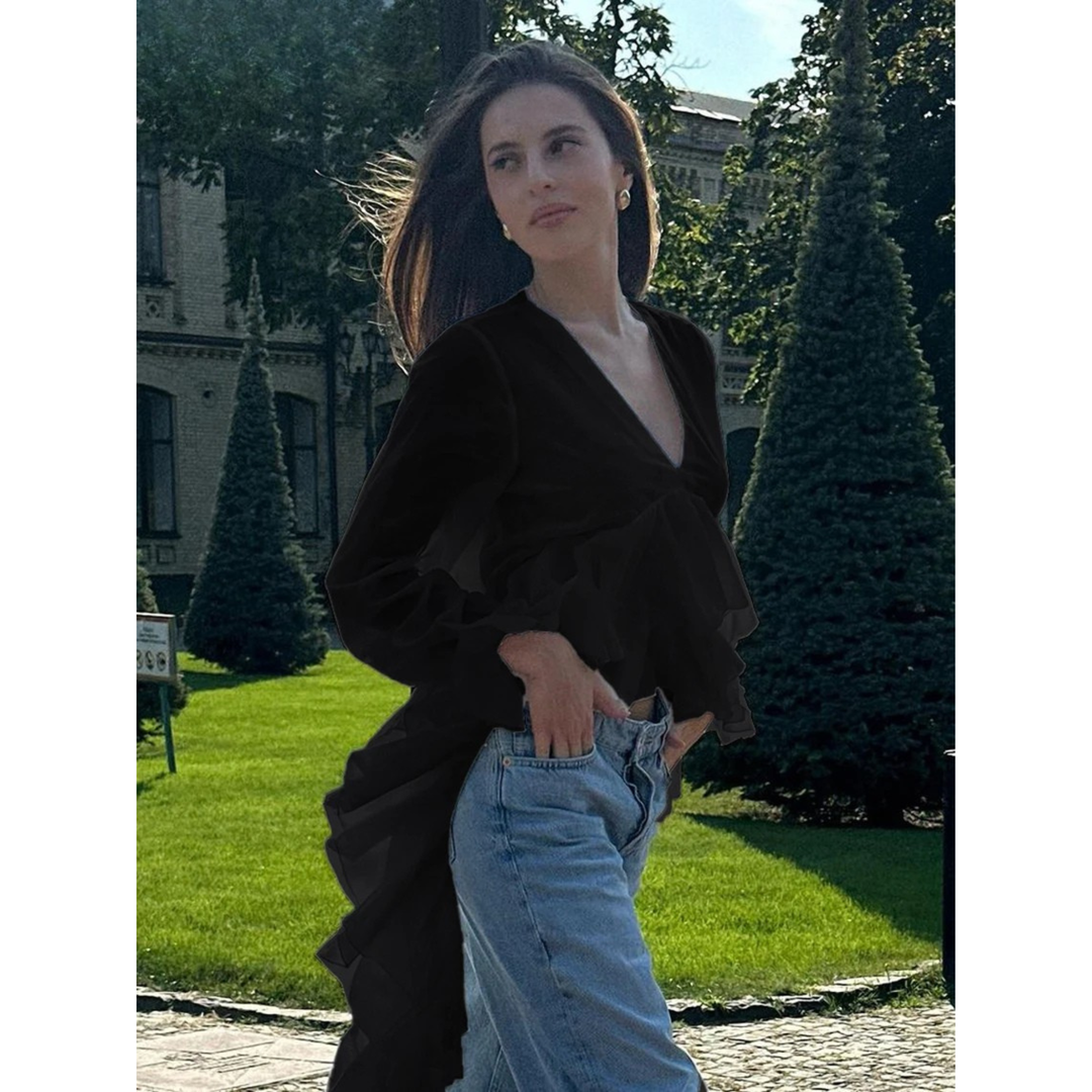 Chemisier Femme Élégant à Col V et Volants