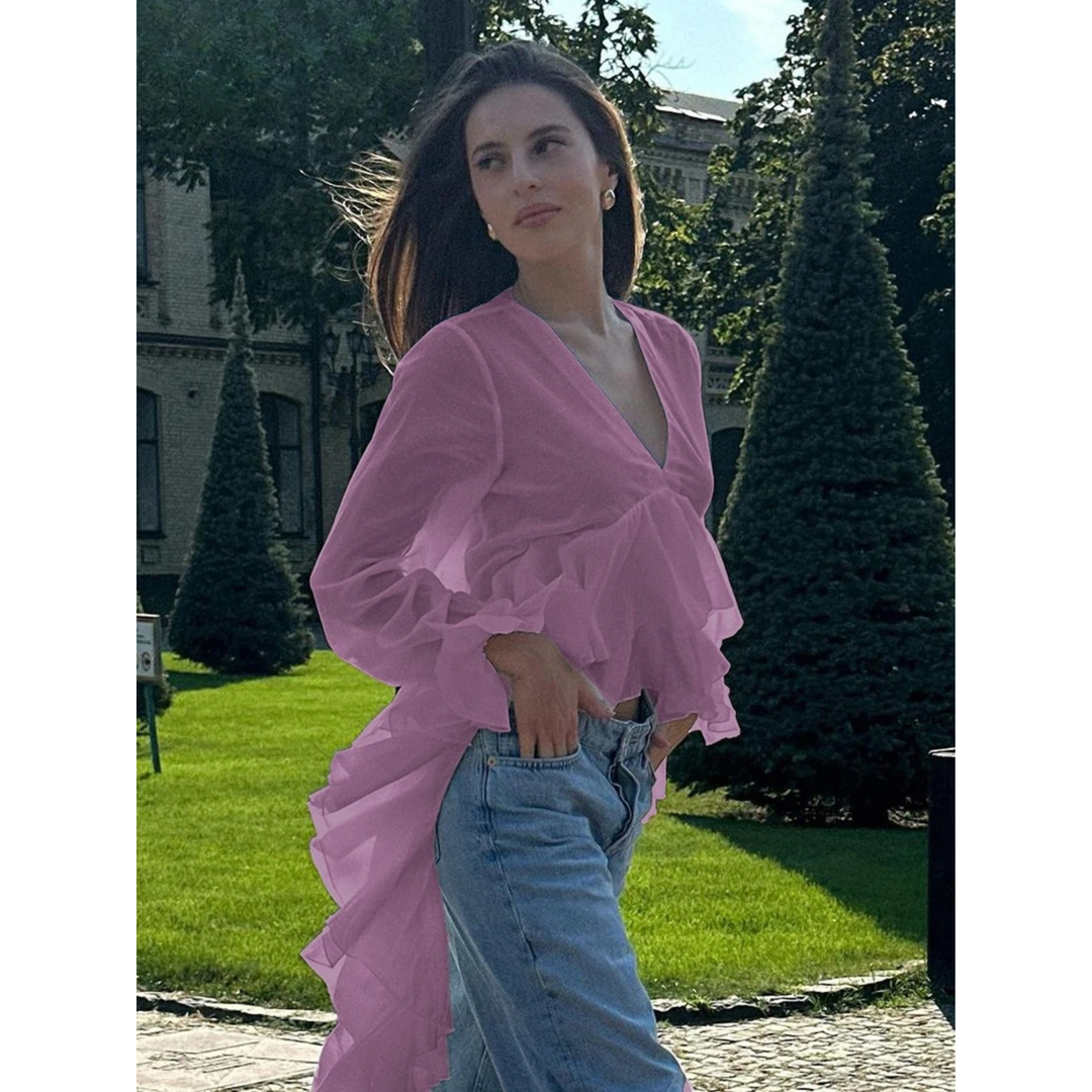 Chemisier Femme Élégant à Col V et Volants