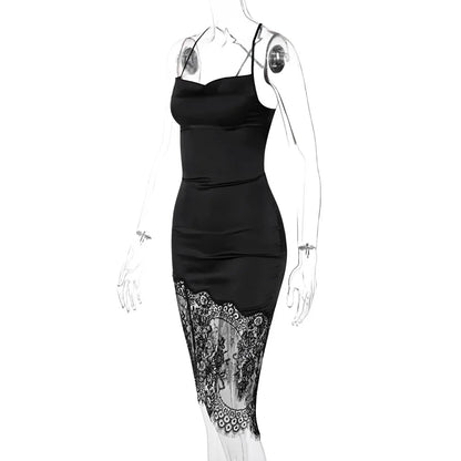 Robe midi élégante à fines bretelles avec détails en dentelle