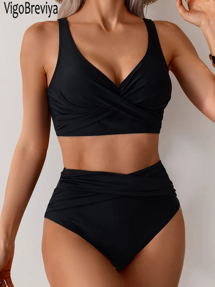 Bikini Femme Push-Up Taille Haute avec Bretelles Croisées