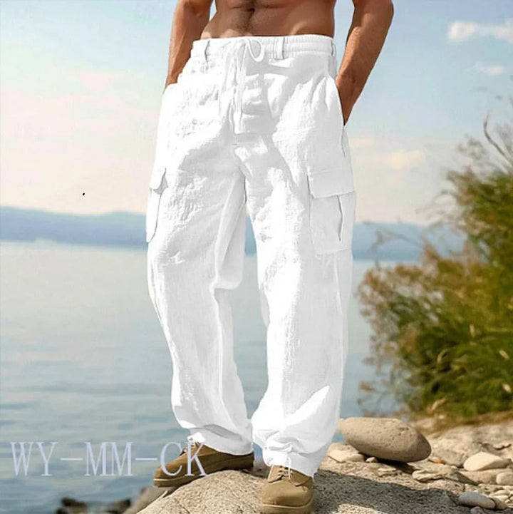 Pantalon Cargo Homme en Coton et Lin Coupe Droite