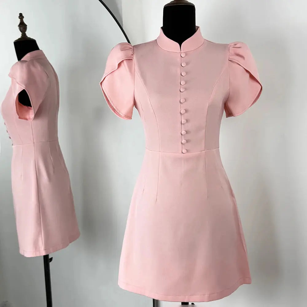 Robe Courte Élégante à Manches Bouffantes et Col