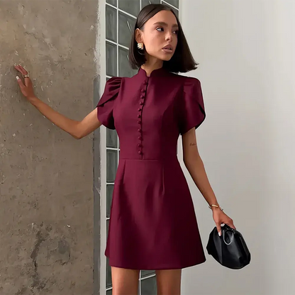 Robe Courte Élégante à Manches Bouffantes et Col