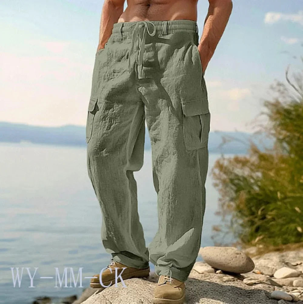 Pantalon Cargo Homme en Coton et Lin Coupe Droite