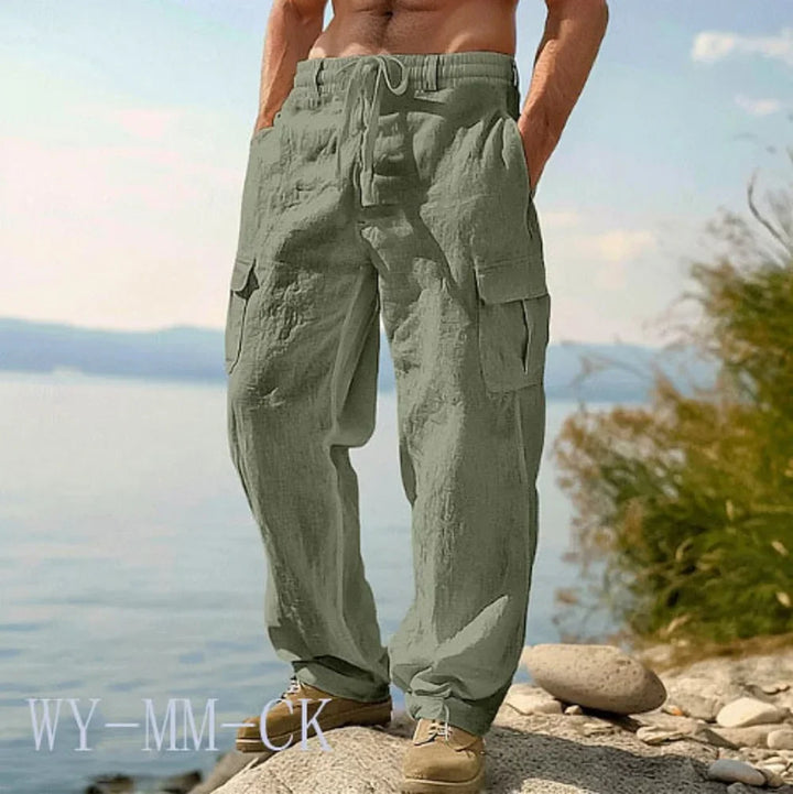 Pantalon Cargo Homme en Coton et Lin Coupe Droite
