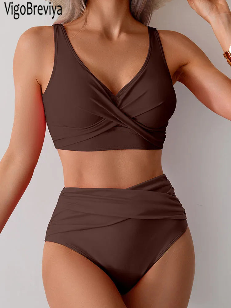 Bikini Femme Push-Up Taille Haute avec Bretelles Croisées