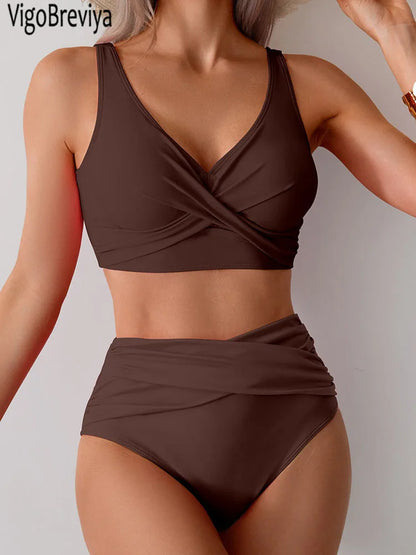 Bikini Femme Push-Up Taille Haute avec Bretelles Croisées