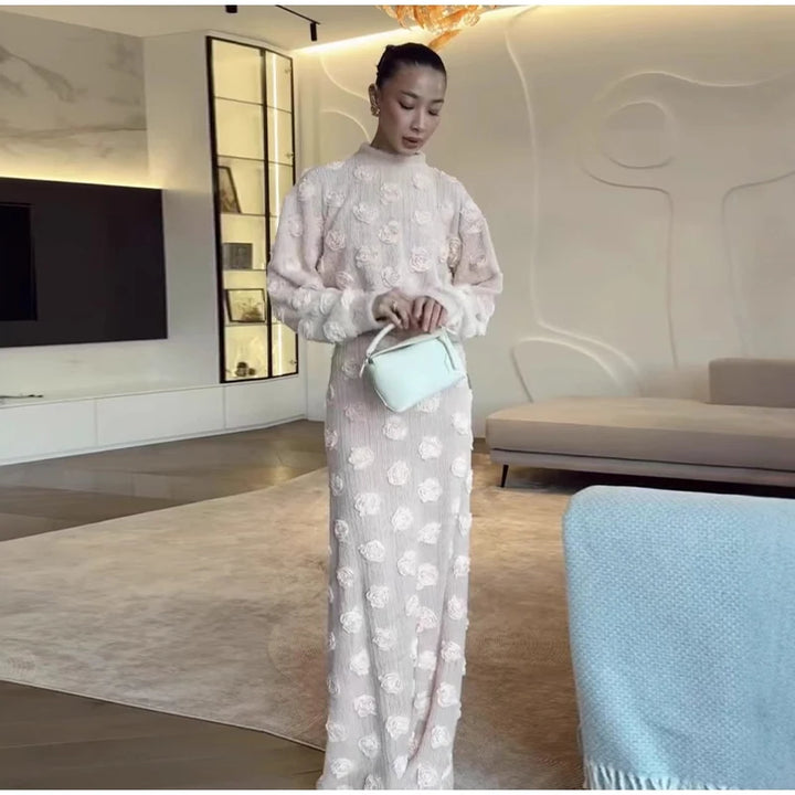 Ensemble Femme Élégant – Haut à Fleurs 3D et Jupe Longue