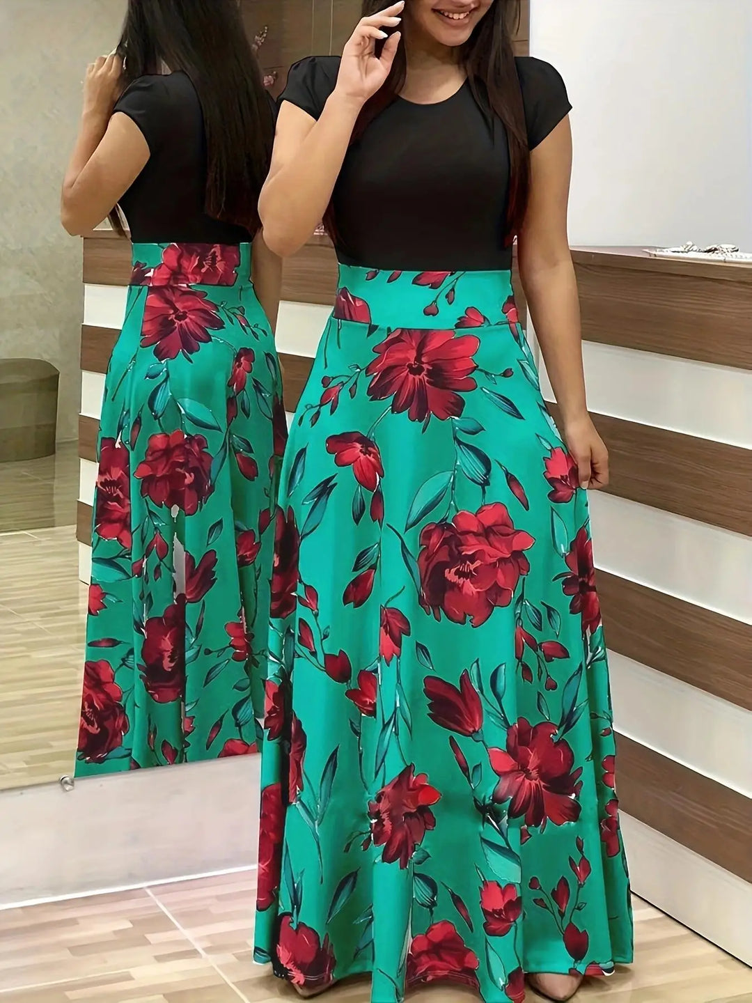 Robe Fleurie Femme Élégante à Manches Courtes