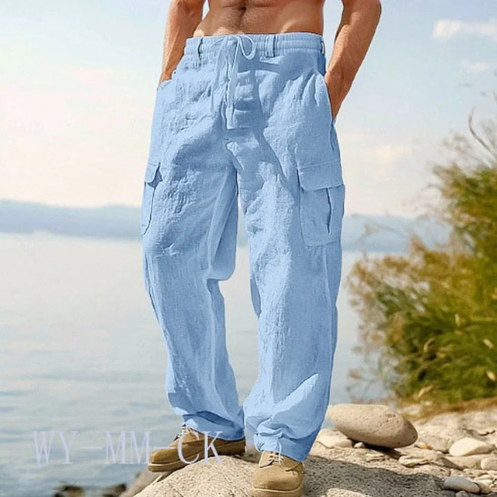 Pantalon Cargo Homme en Coton et Lin Coupe Droite