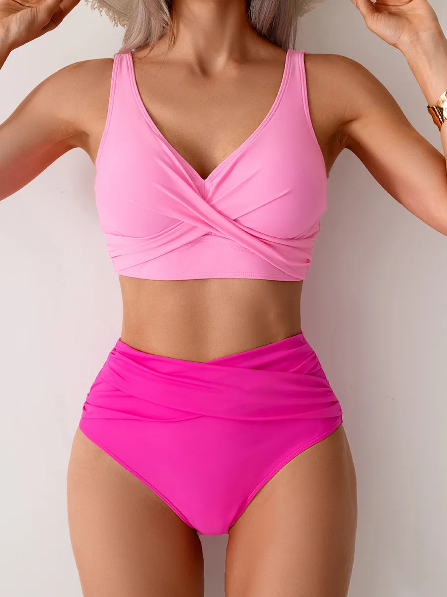 Bikini Femme Push-Up Taille Haute avec Bretelles Croisées