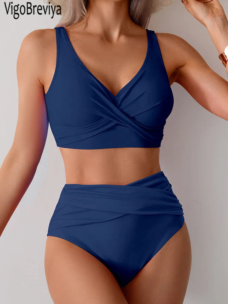Bikini Femme Push-Up Taille Haute avec Bretelles Croisées