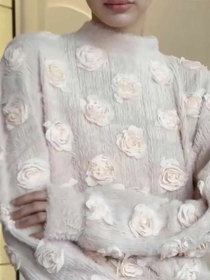 Ensemble Femme Élégant – Haut à Fleurs 3D et Jupe Longue