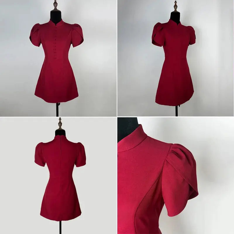 Robe Courte Élégante à Manches Bouffantes et Col
