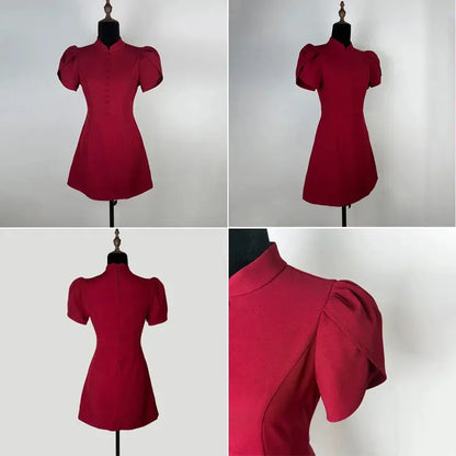 Robe Courte Élégante à Manches Bouffantes et Col