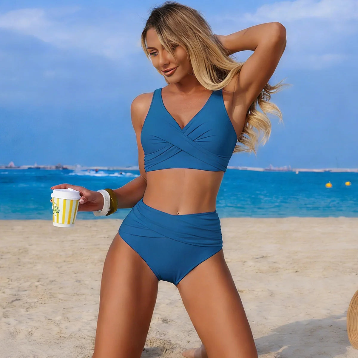 Bikini Femme Push-Up Taille Haute avec Bretelles Croisées