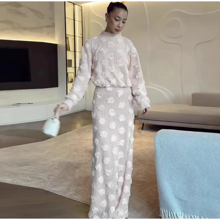 Ensemble Femme Élégant – Haut à Fleurs 3D et Jupe Longue