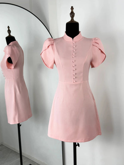 Robe Courte Élégante à Manches Bouffantes et Col