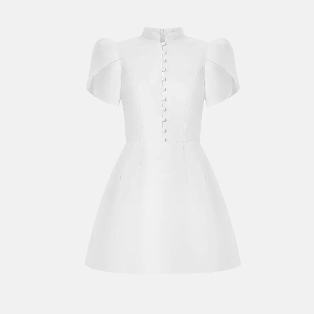 Robe Courte Élégante à Manches Bouffantes et Col