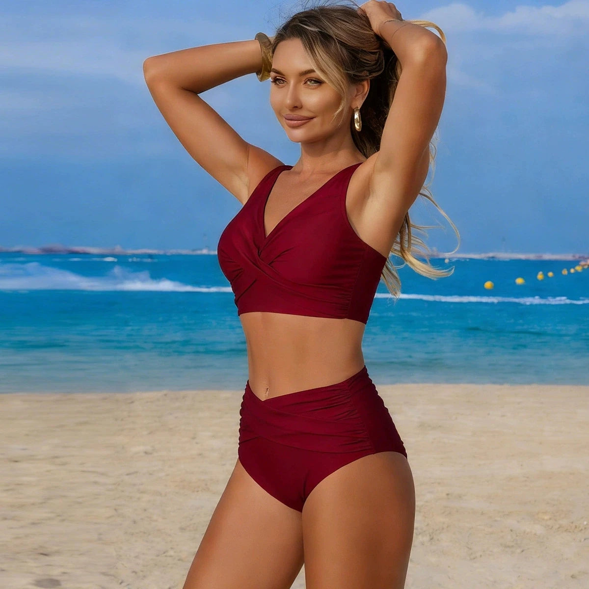 Bikini Femme Push-Up Taille Haute avec Bretelles Croisées