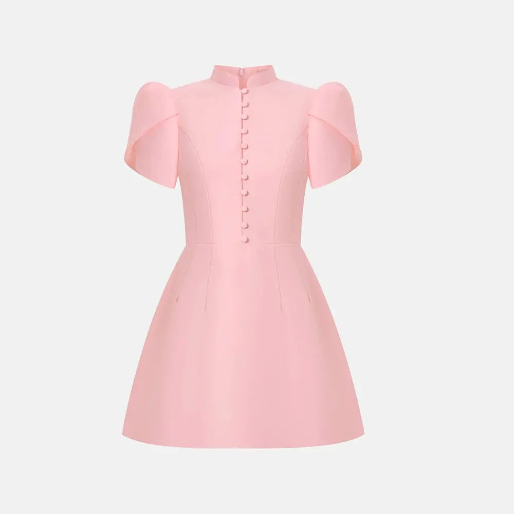 Robe Courte Élégante à Manches Bouffantes et Col