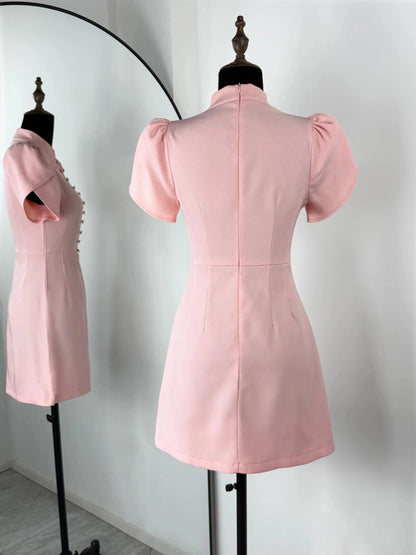 Robe Courte Élégante à Manches Bouffantes et Col