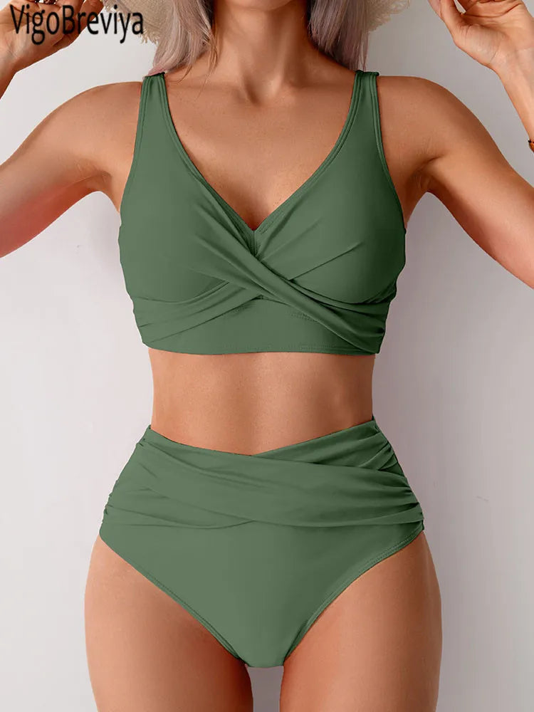 Bikini Femme Push-Up Taille Haute avec Bretelles Croisées