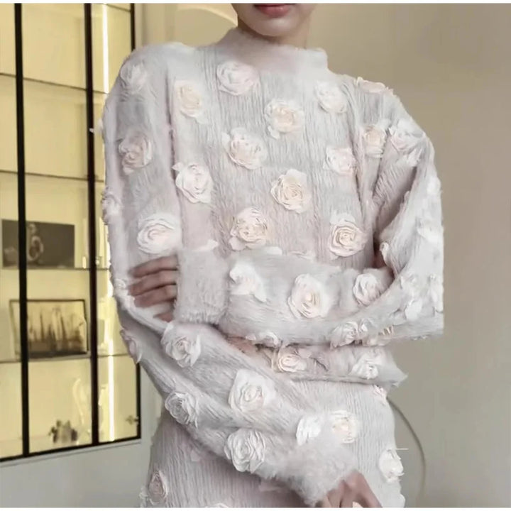 Ensemble Femme Élégant – Haut à Fleurs 3D et Jupe Longue