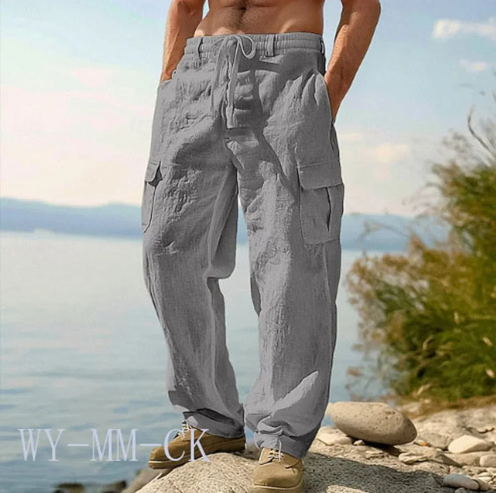Pantalon Cargo Homme en Coton et Lin Coupe Droite