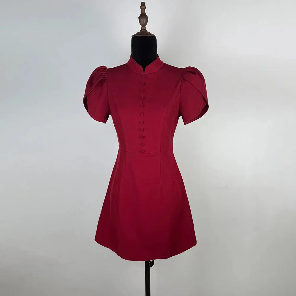 Robe Courte Élégante à Manches Bouffantes et Col