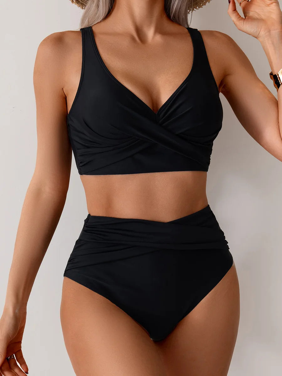 Bikini Femme Push-Up Taille Haute avec Bretelles Croisées