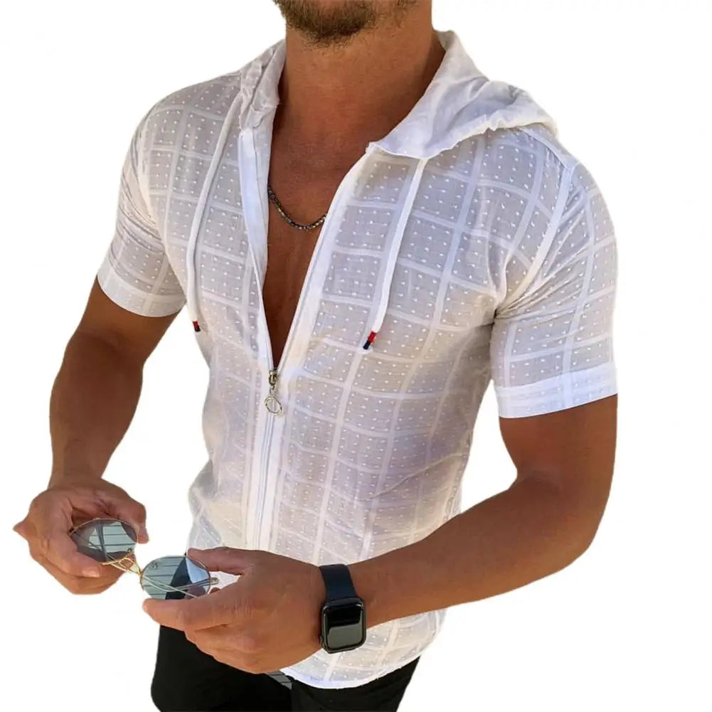 T-shirt Homme à Capuche Zippé Imprimé Carreaux