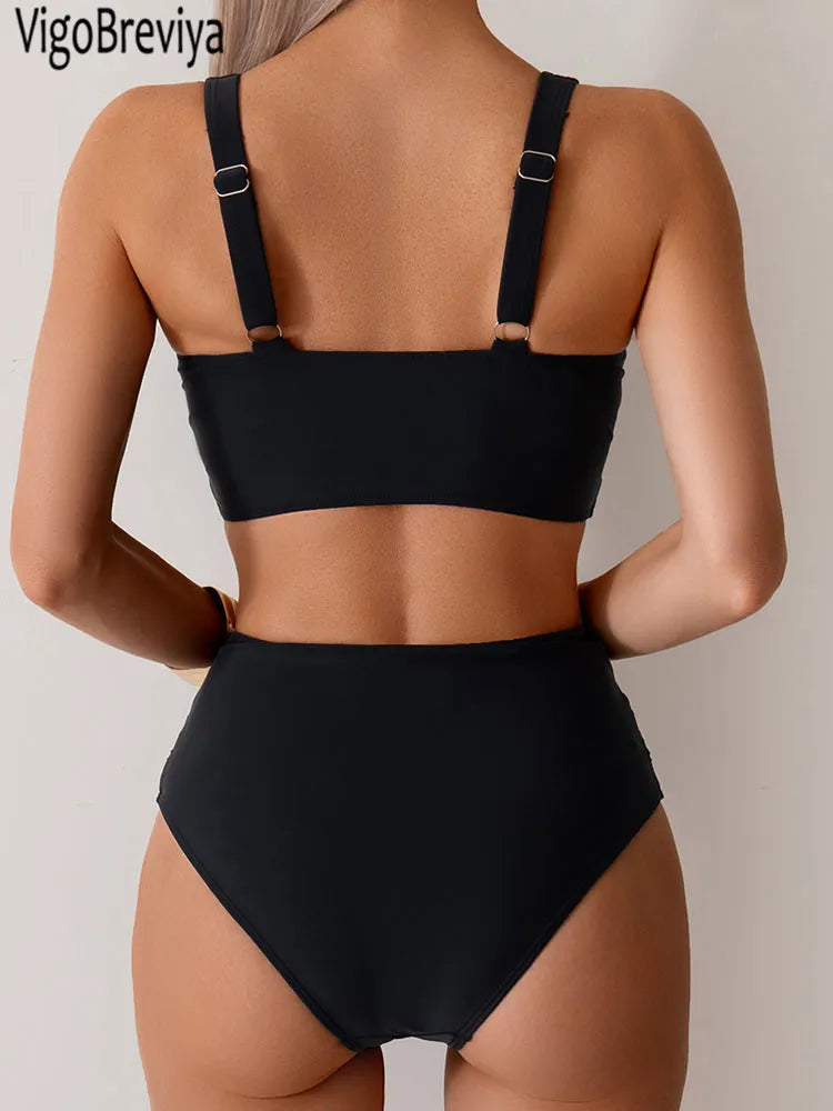 Bikini Femme Push-Up Taille Haute avec Bretelles Croisées