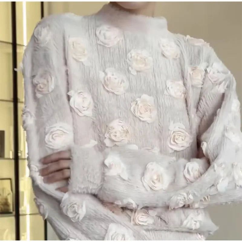 Ensemble Femme Élégant – Haut à Fleurs 3D et Jupe Longue