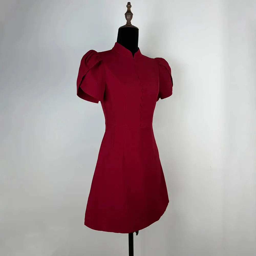 Robe Courte Élégante à Manches Bouffantes et Col