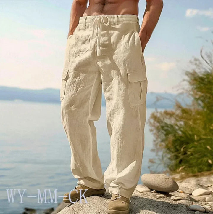 Pantalon Cargo Homme en Coton et Lin Coupe Droite
