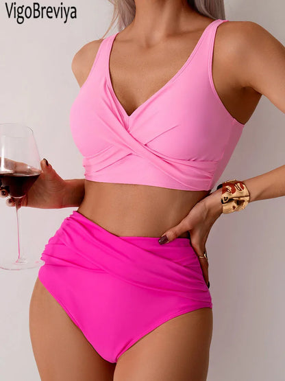 Bikini Femme Push-Up Taille Haute avec Bretelles Croisées